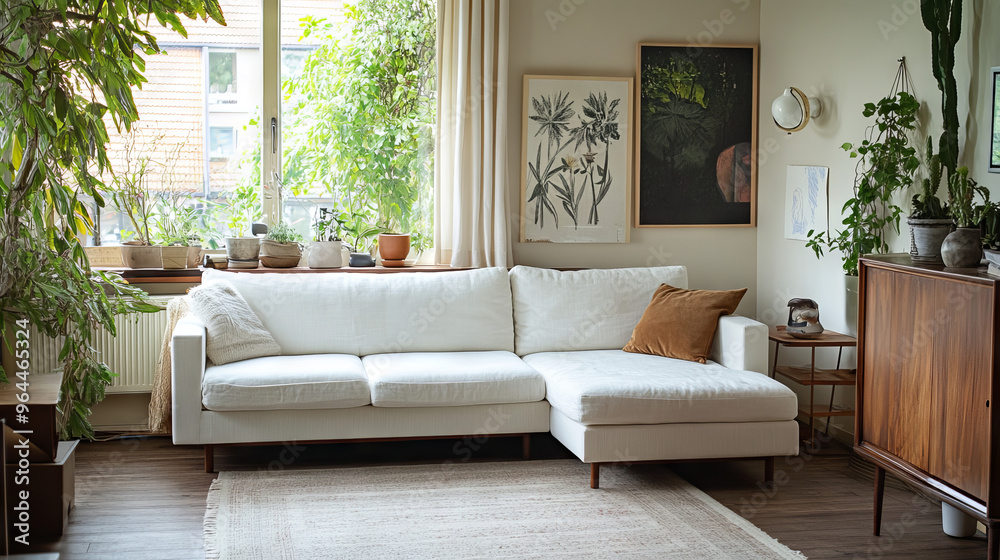 A comfortable and stylish living room with a white modular sofa, wooden furniture, artwork, decorations, a windowsill, and personal touches. It's a great example of home design. A comfortable and stylish living room with a white modular sofa, wooden furniture, artwork, decorations, a windowsill, and personal touches. It's a great example of home design.