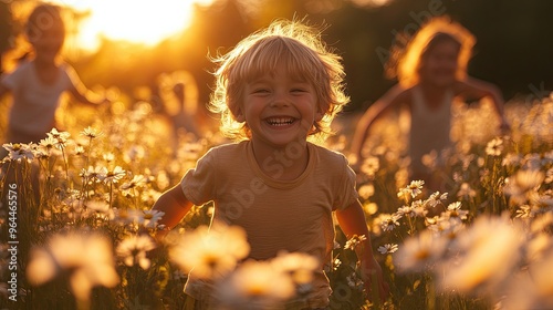 Photorealistic shot of a laughing child playing tag with friends in a bright, sunlit field filled with wildflowers, with the sunlight creating a magical, playful ambiance photo