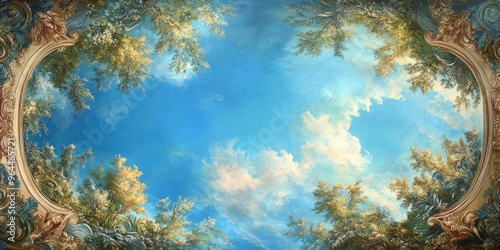 Ethereal Sky Mural: Dramatic Blue Heavens with Baroque-Inspired Frame. Celestial Ceiling Art for Spiritual and Cultural Decor. AI-Generated 4K Wallpaper Perfect for Religious Themes, Aesthetic Interio
