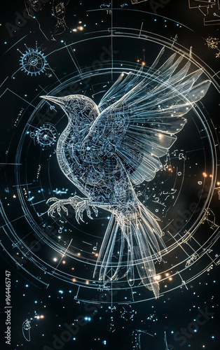 Intricate mechanical bird with gears and cogwheels in mid-flight, detailed design elements highlighting clockwork and futuristic engineering against a glowing blueprint background photo