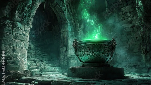 Fototapeta Naklejka Na Ścianę i Meble -  A green cauldron with a green glow is in a dark room