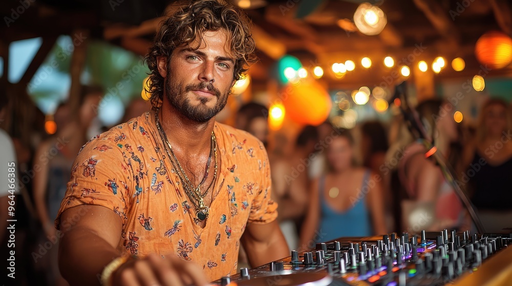 Dj mixing at a party with crowd of people in background Dj mixing at a party with crowd of people in background