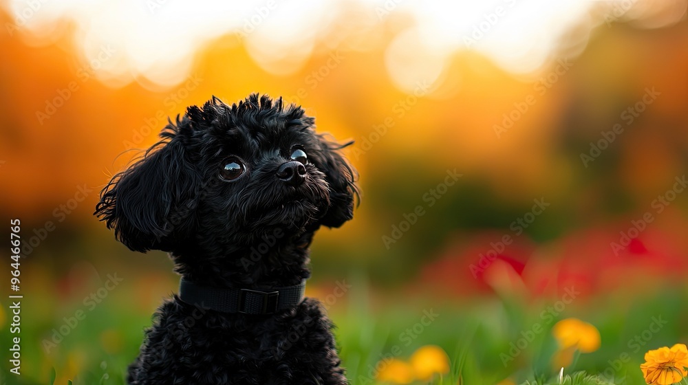 A curious black dog gazes among vibrant autumn flowers, capturing the essence of nature's beauty in a serene moment. A curious black dog gazes among vibrant autumn flowers, capturing the essence of nature's beauty in a serene moment.