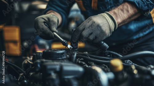 A mechanic is working on car engine, using tools with focused precision. scene captures intricate details of automotive repair.