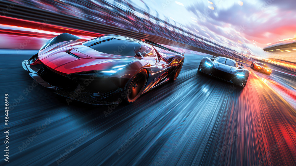 Futuristic supercars race neck and neck on vibrant track, showcasing speed and power. dynamic motion captures thrill of competition. Futuristic supercars race neck and neck on vibrant track, showcasing speed and power. dynamic motion captures thrill of competition.