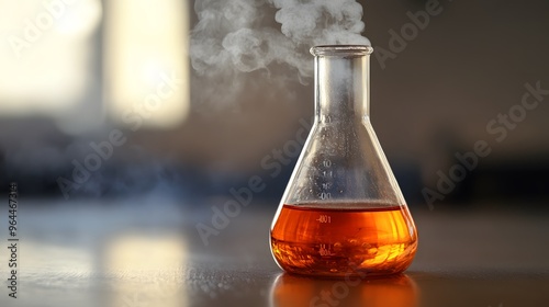 Bromine in a Flask: A laboratory flask filled with reddish-brown bromine liquid, with vapor rising and detailed reflections on the glass surface. 
