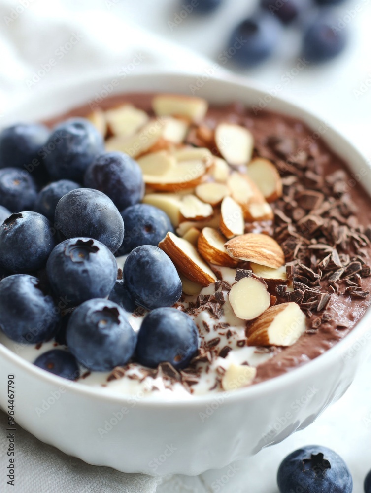 Smoothie bowl with blueberries, almond flakes, and chocolate shavings in a white bowl Smoothie bowl with blueberries, almond flakes, and chocolate shavings in a white bowl