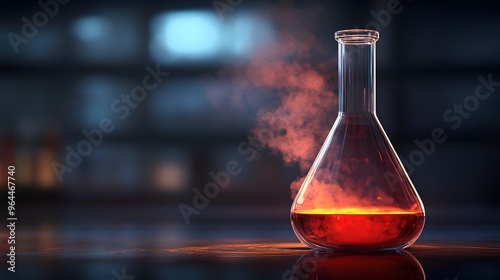 Bromine in a Flask: A laboratory flask filled with reddish-brown bromine liquid, with vapor rising and detailed reflections on the glass surface. 
