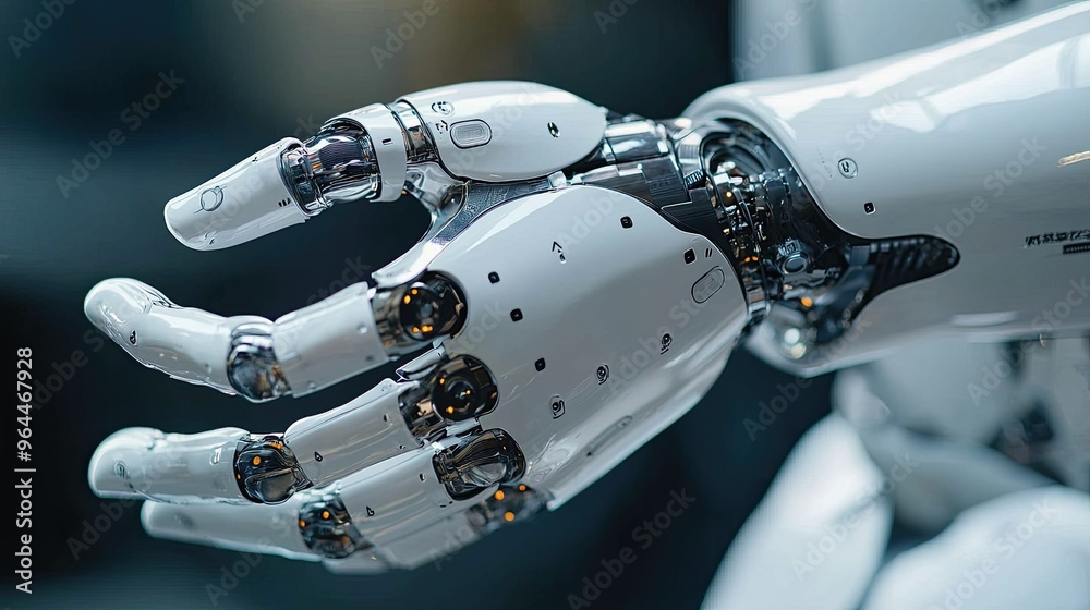 Fototapeta premium Close-up of a robotic hand showcasing intricate mechanics and design, symbolizing advanced technology and innovation.
