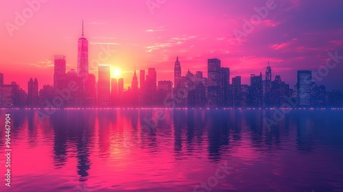 Breathtaking city skyline at sunset, showcasing vibrant hues of purple and pink reflecting in the water.