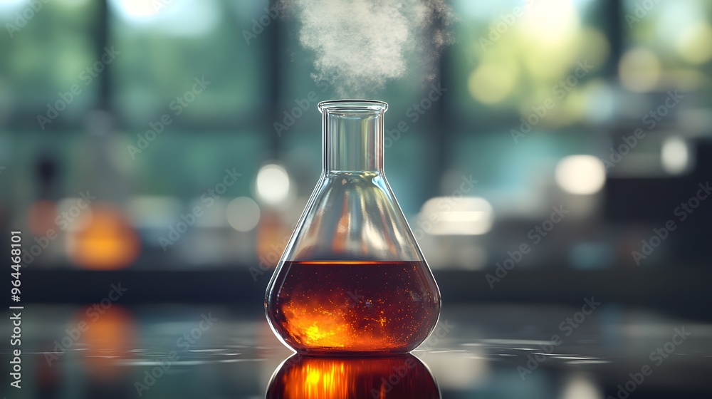 Bromine in a Flask: A laboratory flask filled with reddish-brown bromine liquid, with vapor rising and detailed reflections on the glass surface.
Bromine in a Flask: A laboratory flask filled with reddish-brown bromine liquid, with vapor rising and detailed reflections on the glass surface.
