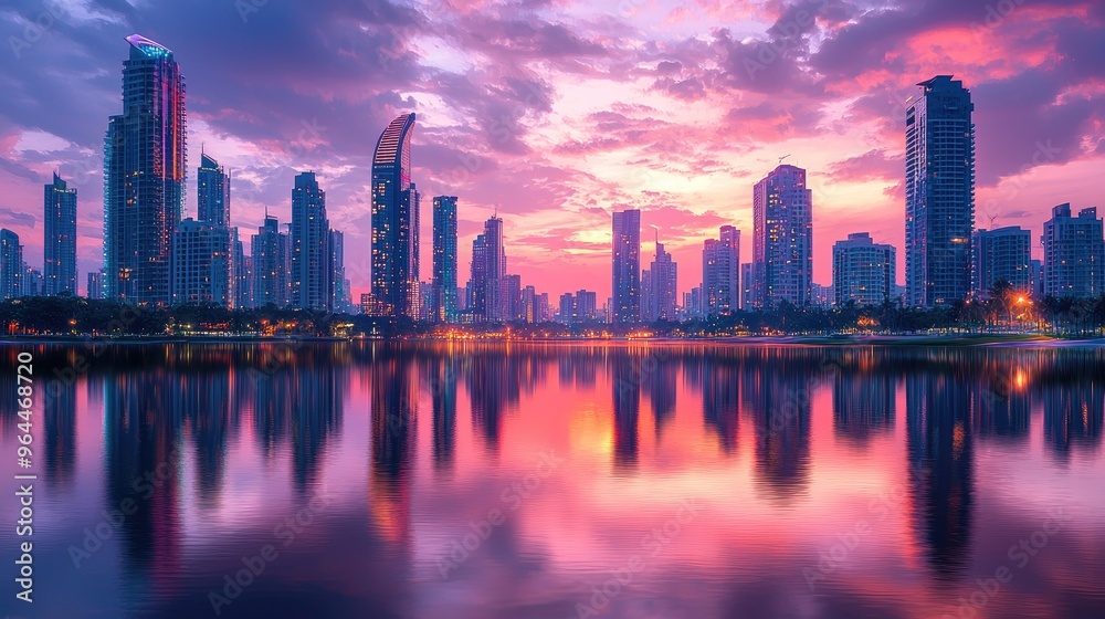 Fototapeta premium Stunning skyline at sunset with vibrant colors reflecting on water. A perfect blend of modern architecture and nature.