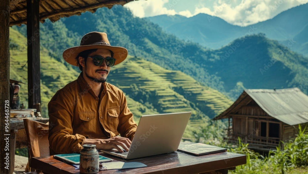 Man wearing sunglasses and a hat is sitting at the table with his laptop in front of him, working on digital marketing materials for an online business. Terraced rice fields are visible behind him Man wearing sunglasses and a hat is sitting at the table with his laptop in front of him, working on digital marketing materials for an online business. Terraced rice fields are visible behind him