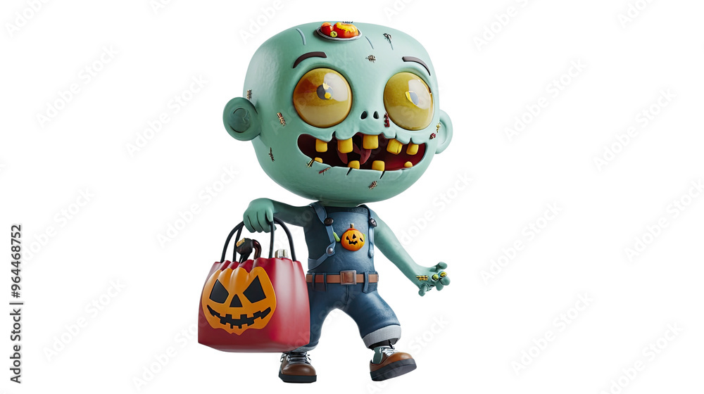 Cheerful Zombie Carrying Halloween Bag on White Background Cheerful Zombie Carrying Halloween Bag on White Background