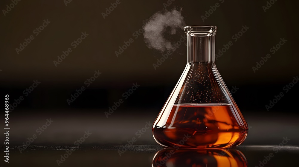 Bromine in a Flask: A laboratory flask filled with reddish-brown bromine liquid, with vapor rising and detailed reflections on the glass surface.
Bromine in a Flask: A laboratory flask filled with reddish-brown bromine liquid, with vapor rising and detailed reflections on the glass surface.