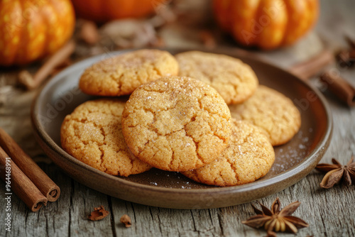 A plate of freshly baked pumpkin spice cookies on a wooden table, sprinkled with cinnamon.