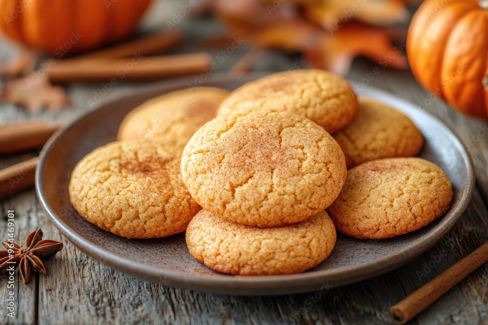 A plate of freshly baked pumpkin spice cookies on a wooden table, sprinkled with cinnamon. A plate of freshly baked pumpkin spice cookies on a wooden table, sprinkled with cinnamon.