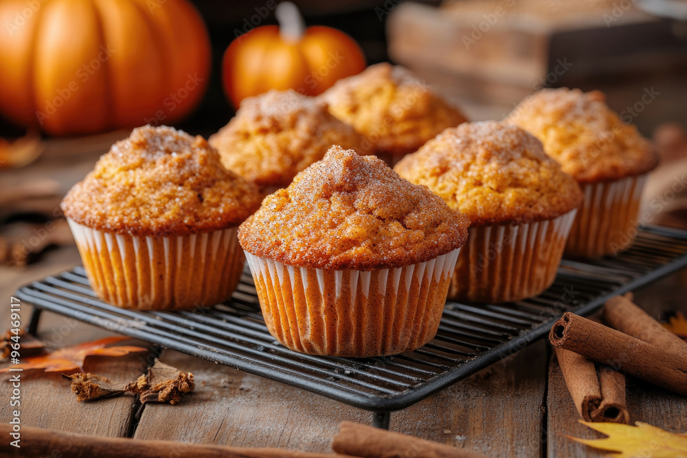 A tray of warm pumpkin spice muffins on a wooden table, topped with a sprinkle of cinnamon sugar. A tray of warm pumpkin spice muffins on a wooden table, topped with a sprinkle of cinnamon sugar.