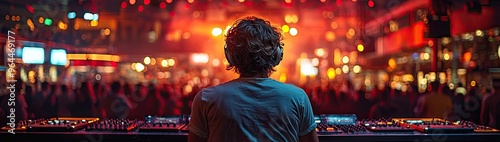 Dj mixing at a party with crowd of people in background,