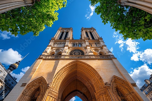 Cathedral with flying buttresses, towering and majestic soars into the sky, showcasing the architectural genius of the Gothic era