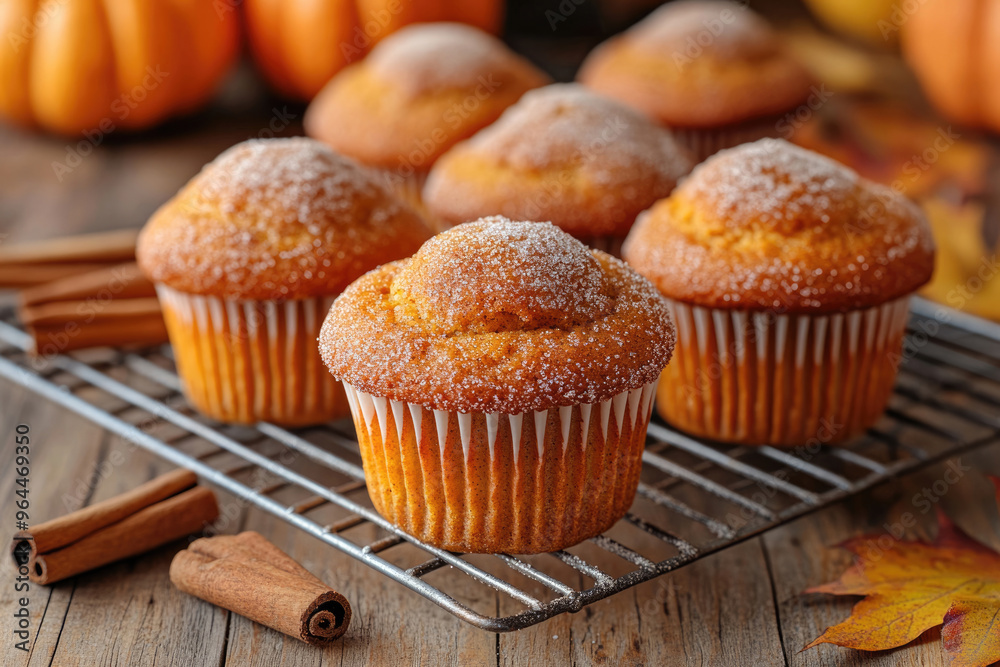 A tray of warm pumpkin spice muffins on a wooden table, topped with a sprinkle of cinnamon sugar. A tray of warm pumpkin spice muffins on a wooden table, topped with a sprinkle of cinnamon sugar.