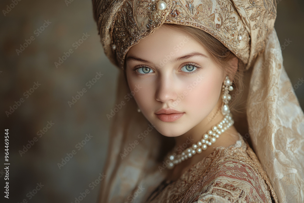 A retro-style photograph of a young Russian noblewoman in traditional attire. A retro-style photograph of a young Russian noblewoman in traditional attire.