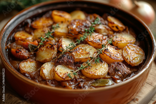 A cozy homemade Lancashire hotpot simmering with layers of tender meat and golden potatoes, evoking comfort on a chilly evening