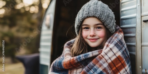 Portrait of a smiling girl warmly wrapped in a plaid blanket wearing a cozy knitted hat near a camper van in the outdoors
