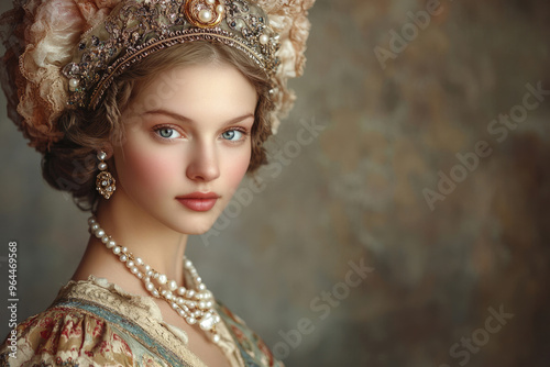 A retro-style photograph of a young Russian noblewoman in traditional attire.