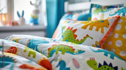 Bed with Colorful Bedding: A twin or full bed featuring vibrant, themed bedding with designs like space, dinosaurs, or princesses, bringing playful charm to the room. 