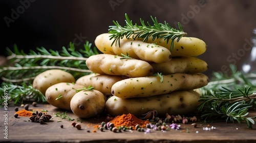  A stack of raw potatoes, each dusted with spices, arranged neatly on top of each other with sprigs of fresh rosemary. The earthy tones of the potatoes contrast with the vibrant green rosemary and col photo