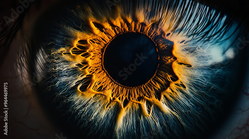 A detailed photo of an eye's iris, taken up close, against a dark background. photo