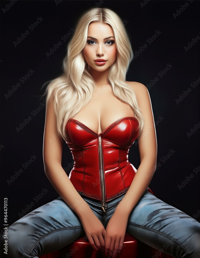 Fototapeta premium studio portrait of a blonde woman with long hair wearing a red leather corset on black background, fashion photography
