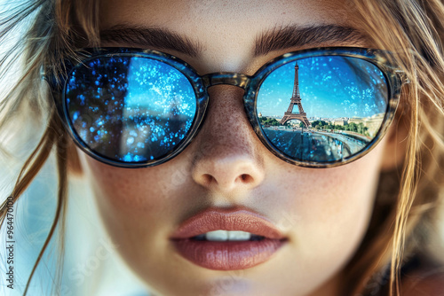 A close-up of a young womans face, stylishly wearing sunglasses. photo