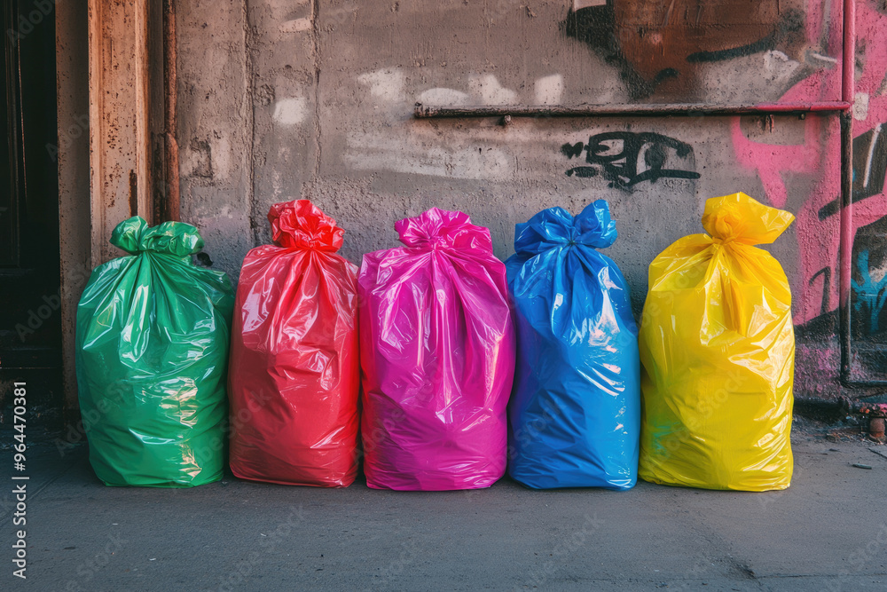 Trendy garbage bags in bright colors arranged artistically in an urban setting with modern elements. Trendy garbage bags in bright colors arranged artistically in an urban setting with modern elements.