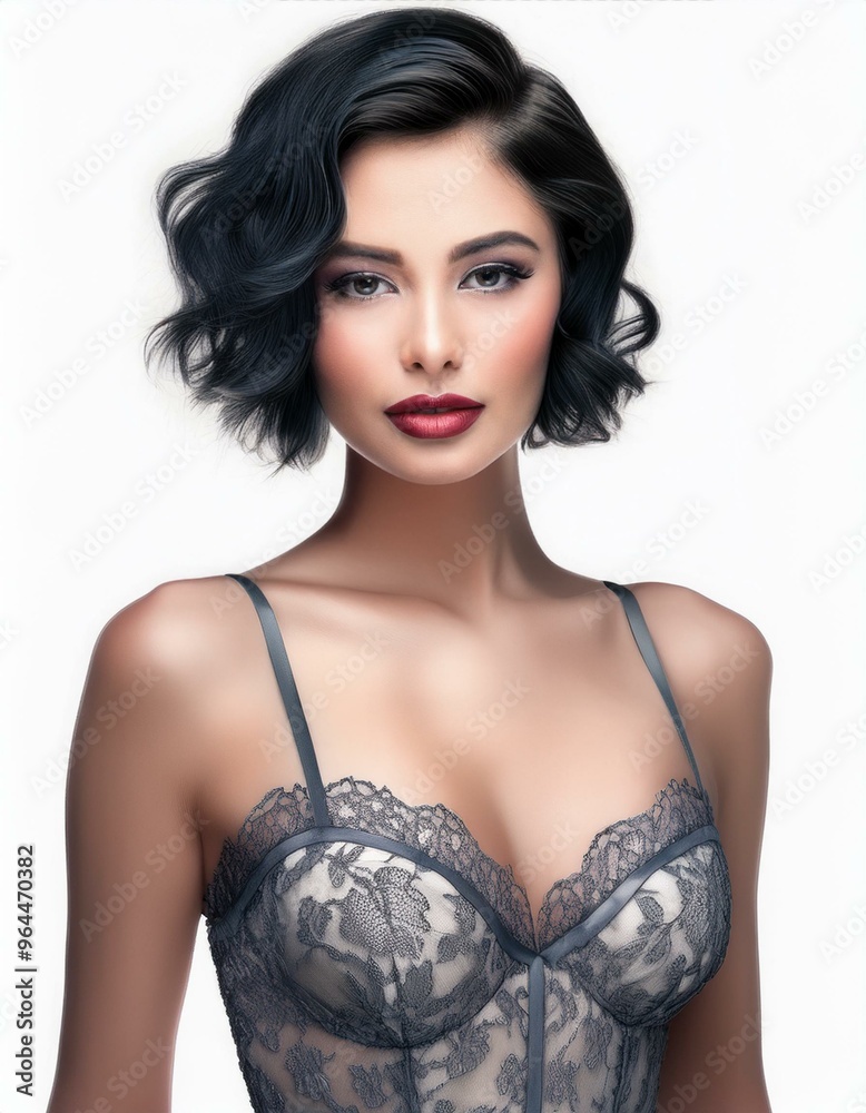 Fototapeta premium studio portrait of a brunette woman with short hair wearing grey lingerie on white background, fashion photography