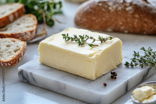 A visually stunning block of butter displayed in a minimalist, chic setting with gourmet touches.