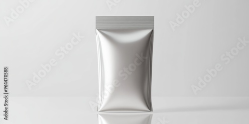 A minimal 3D icon of a sealed foil pouch with a matte finish, standing upright on a reflective white surface