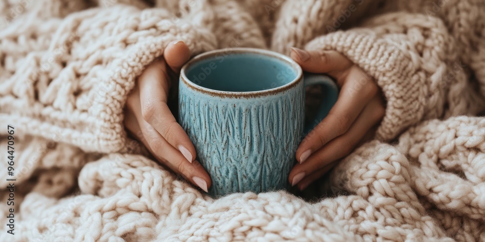 Warm and serene moment of hands wrapped in a cozy blanket holding a textured blue mug