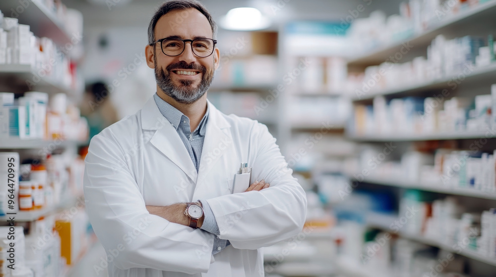 World Pharmacist day. Smiling pharmacist in pharmacy with shelves of medicines in the background. Horizontal banner. Free space for text. National Pharmacists Day. Health, illnesses, diseases concept World Pharmacist day. Smiling pharmacist in pharmacy with shelves of medicines in the background. Horizontal banner. Free space for text. National Pharmacists Day. Health, illnesses, diseases concept