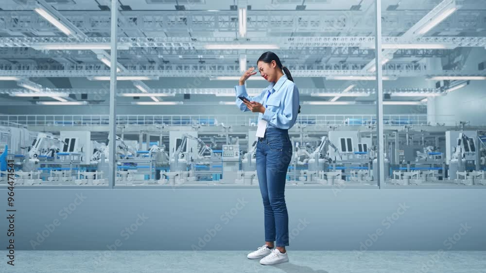 Full Body Side View Of An Asian Female Professional Worker Standing With Her Phone at Factory Digitalization for Innovative Project, She Is Nodding Her Shead With Dissapionted Full Body Side View Of An Asian Female Professional Worker Standing With Her Phone at Factory Digitalization for Innovative Project, She Is Nodding Her Shead With Dissapionted