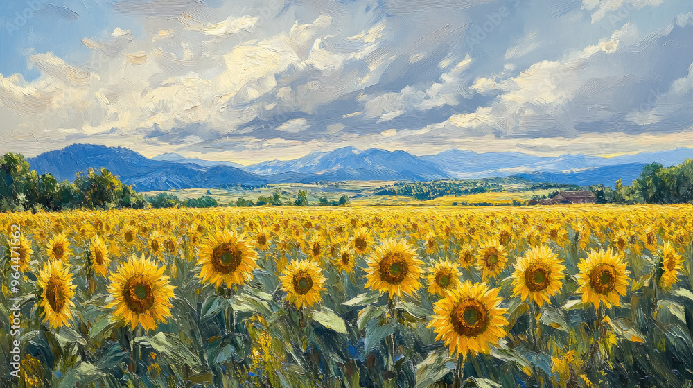 Obraz premium field of yellow sunflowers, autumn landscape, seasonal background, harvest, agriculture, flowers, fall, plants, nature, september, october, horizontal illustration, seeds, bloom, petals, growth