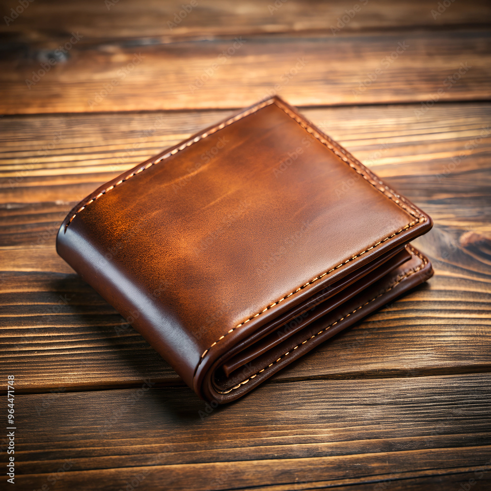 Brown leather wallet on a rustic wooden background for fashion and accessories