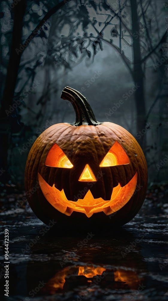 jack-o'-lantern with a glowing face sits on the ground in a dark forest jack-o'-lantern with a glowing face sits on the ground in a dark forest