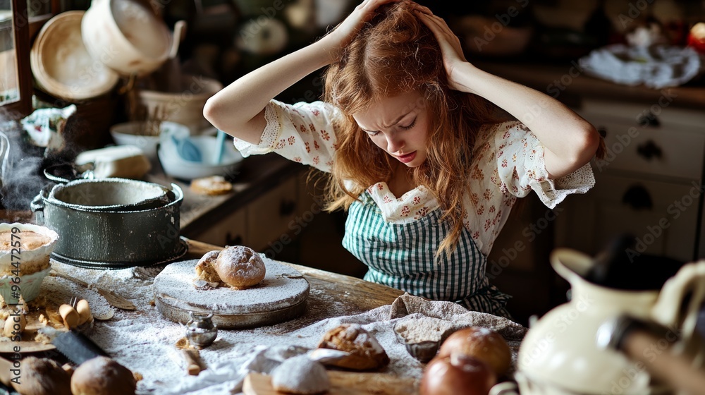 Clueless clumsy housewife attempting to make a dessert in her kitchen ...