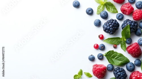 A border of fresh blueberries, raspberries, blackberries, and mint leaves on a white background.