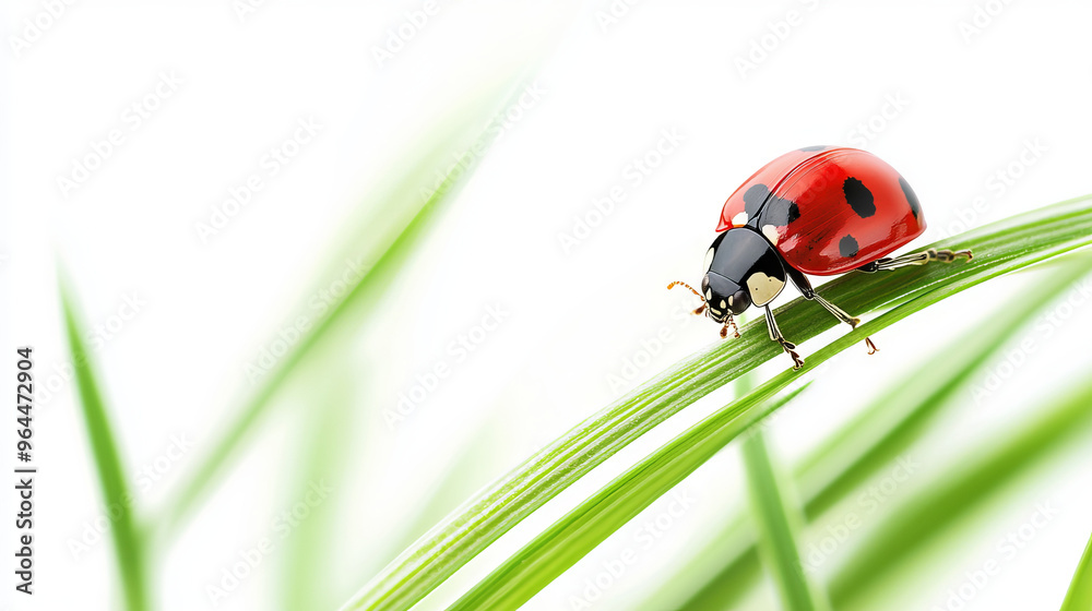 A ladybug sits on a blade of grass, with a white background. A ladybug sits on a blade of grass, with a white background.