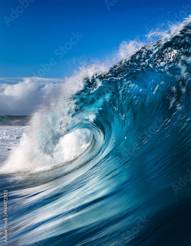 Vivid blue ocean wave captured in motion under clear skies