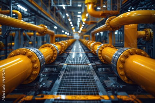 Bright orange pipelines extend through a modern industrial facility with organized machinery and overhead lighting