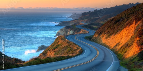 Winding road overlooking the ocean at sunset.